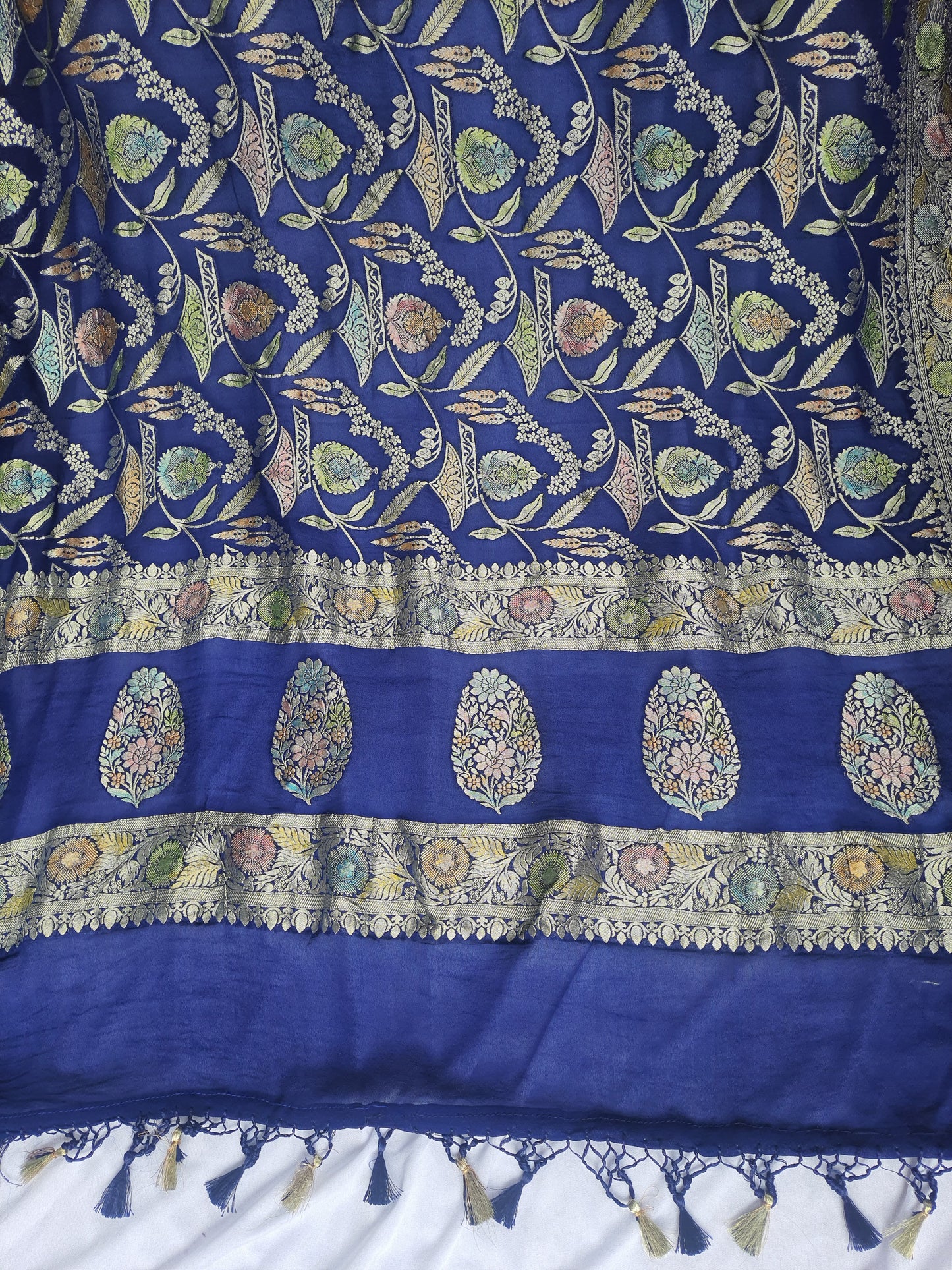 Blue Crep Georgette Khaddi Handprint Banarasi Dupatta