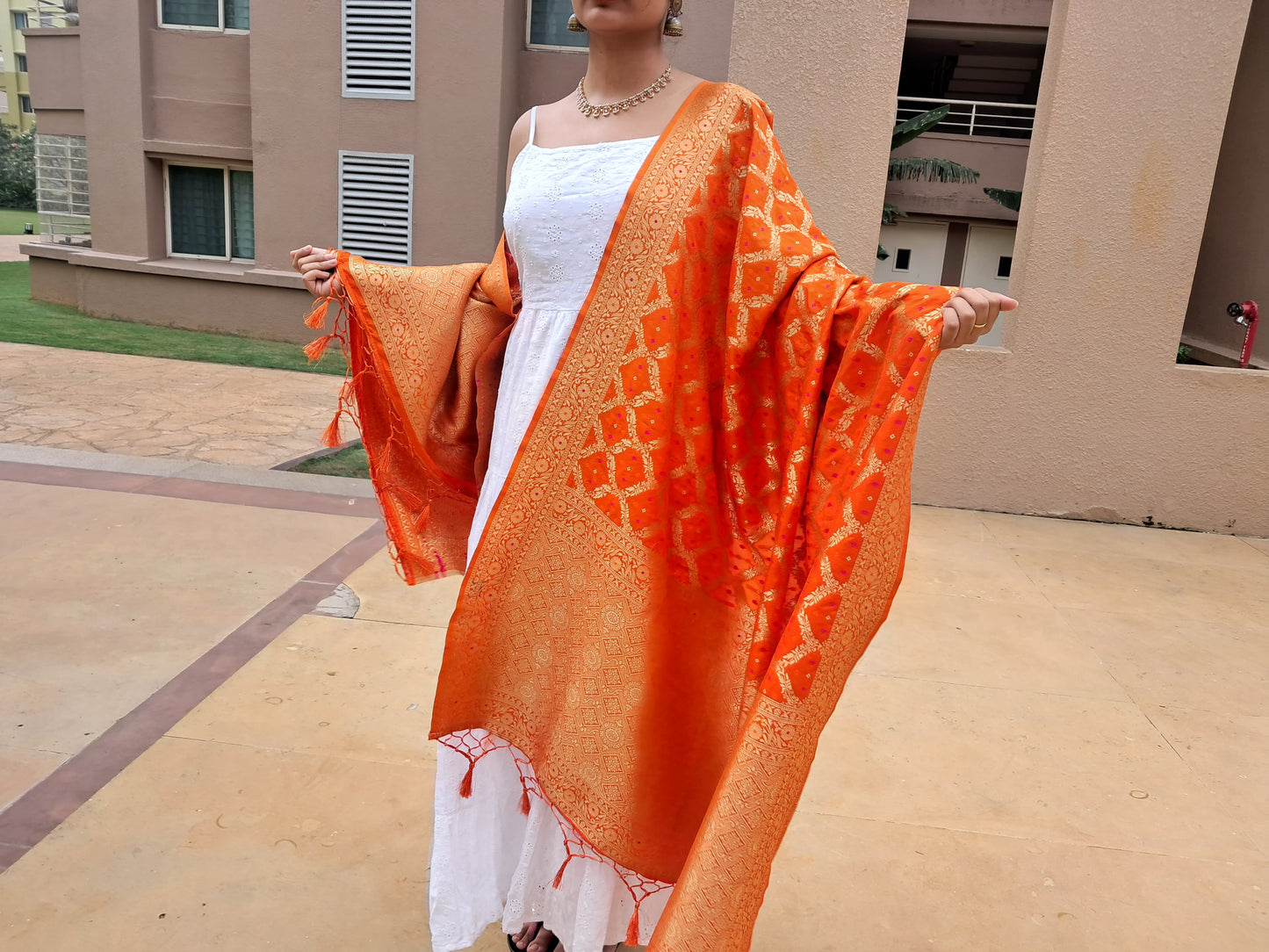 Orange Bandhani Banarasi Dupatta