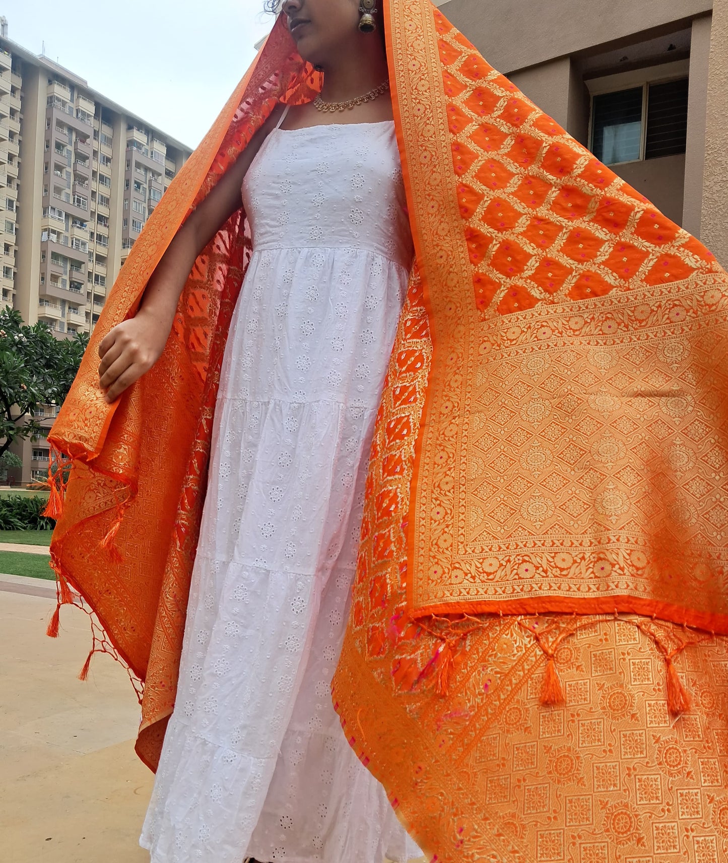 Orange Bandhani Banarasi Dupatta