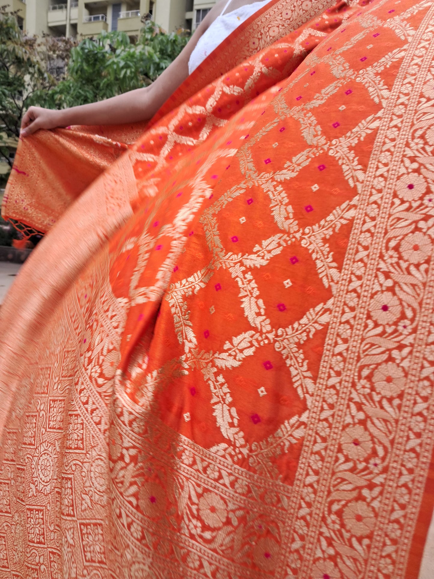 Orange Bandhani Banarasi Dupatta