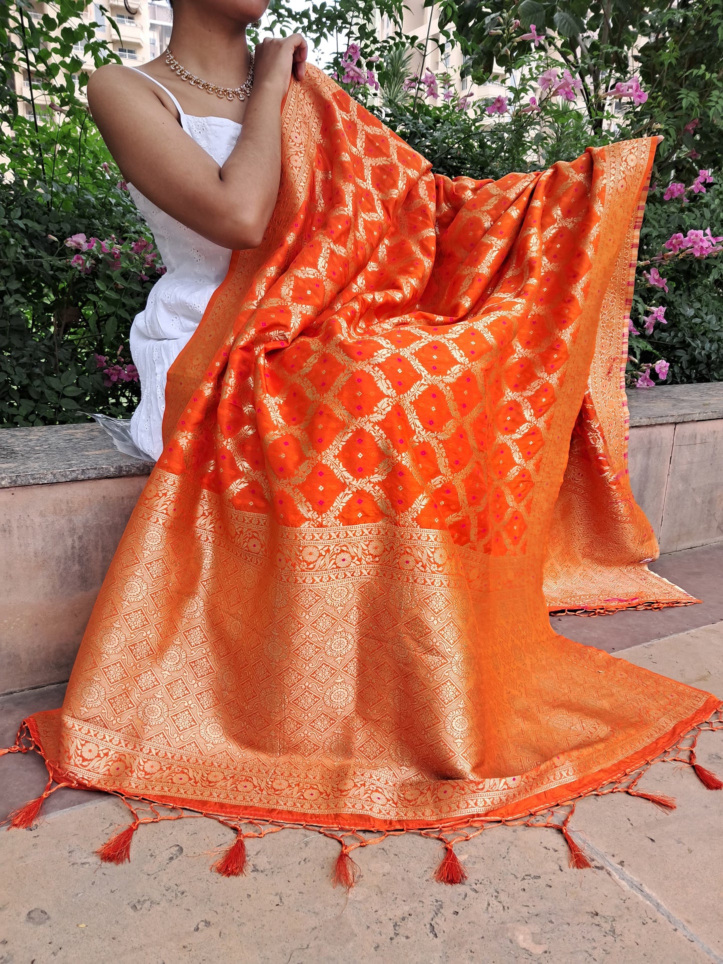 Orange Bandhani Banarasi Dupatta