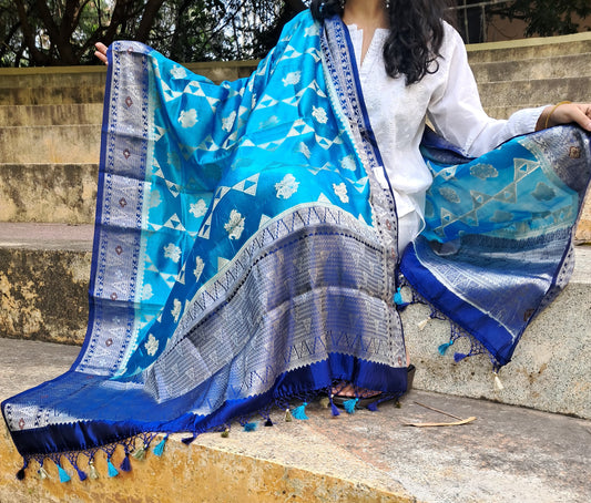 Blue Katan Silk Border Buti Banarasi Dupatta