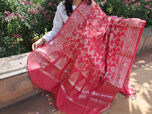 Pink Katan Silk Jakat Meena Buti Banarasi Dupatta