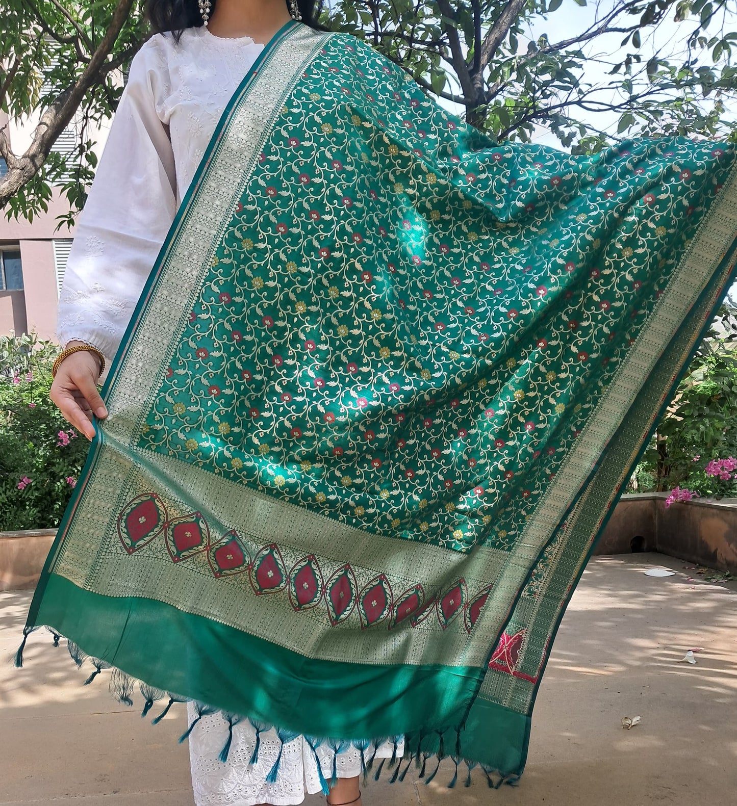 Green Katan Silk Small Jal Banarasi Dupatta