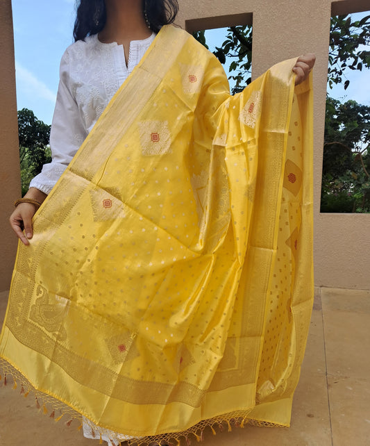 Yellow Katan Silk Big Buta Banarasi Dupatta