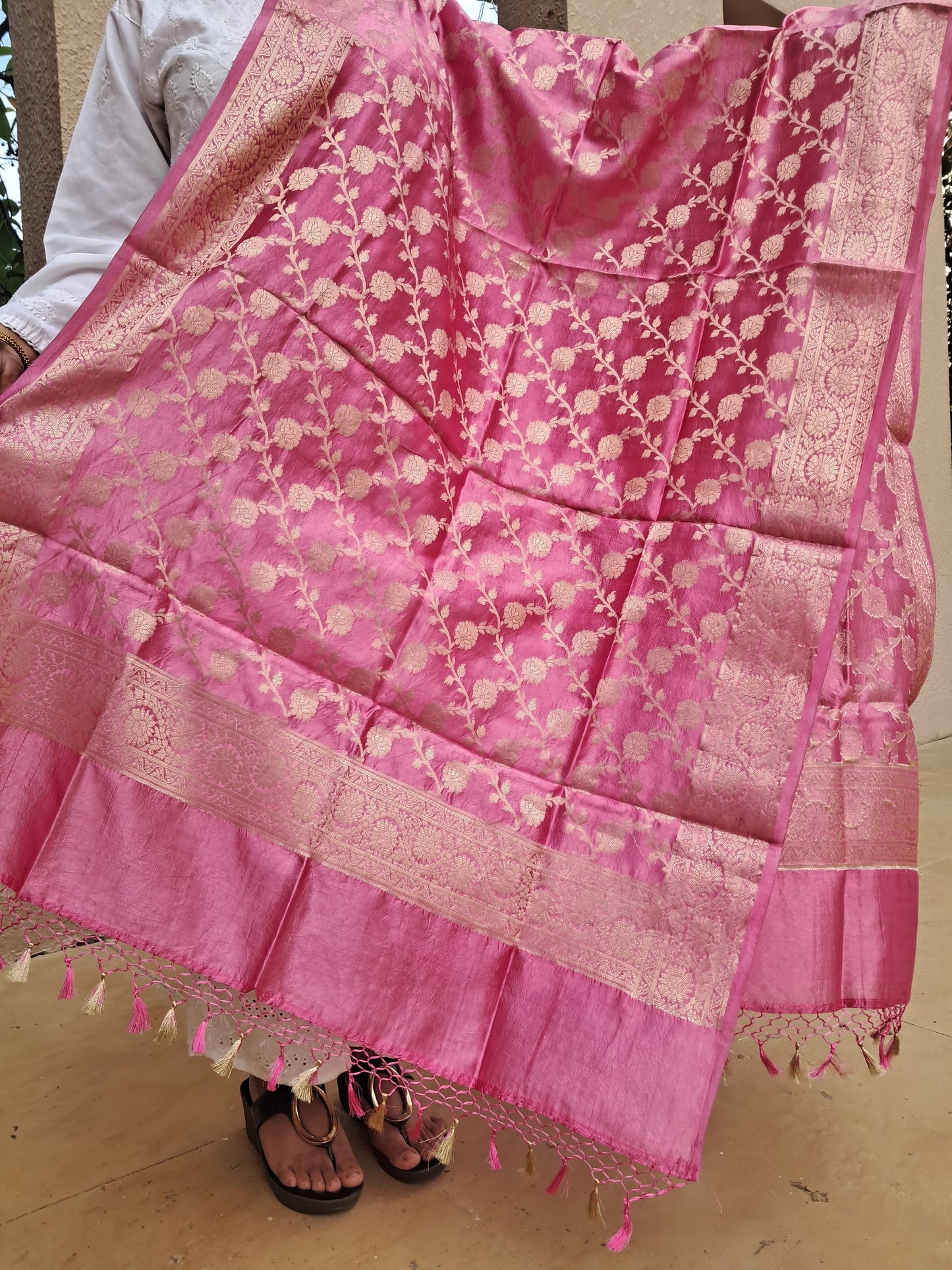 Pink Puna Silk Jakat Jal Dupatta