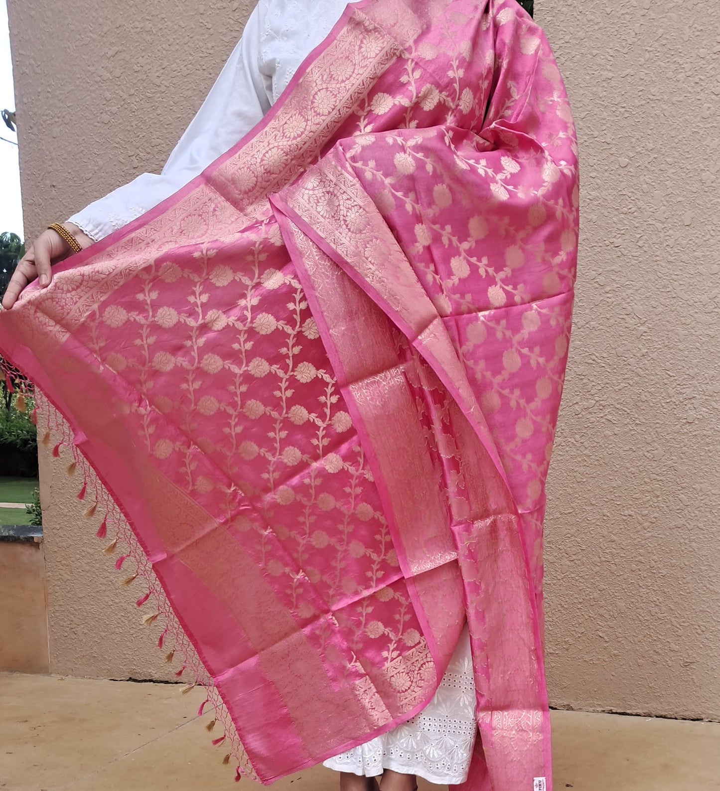 Pink Puna Silk Jakat Jal Dupatta