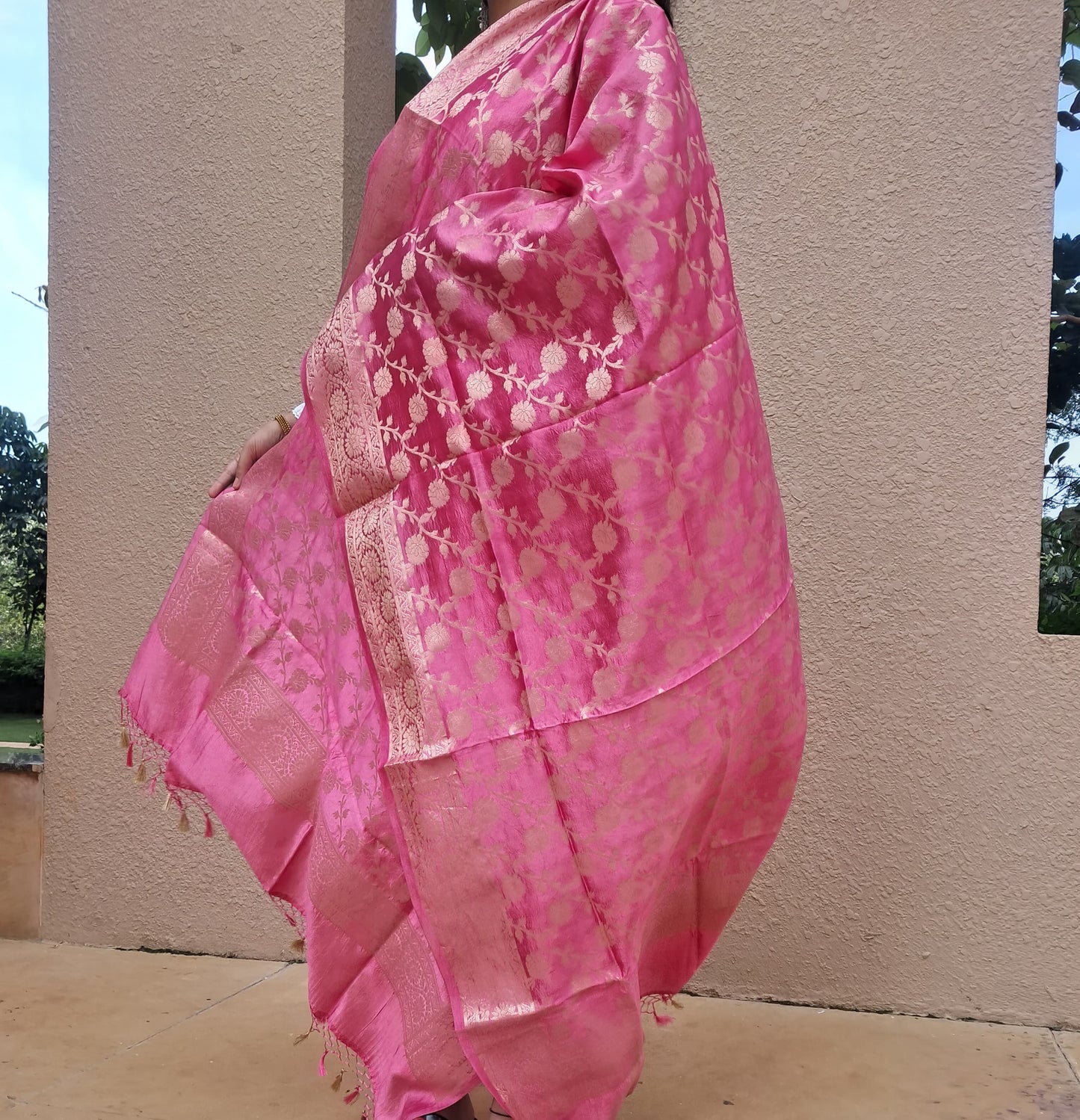 Pink Puna Silk Jakat Jal Dupatta