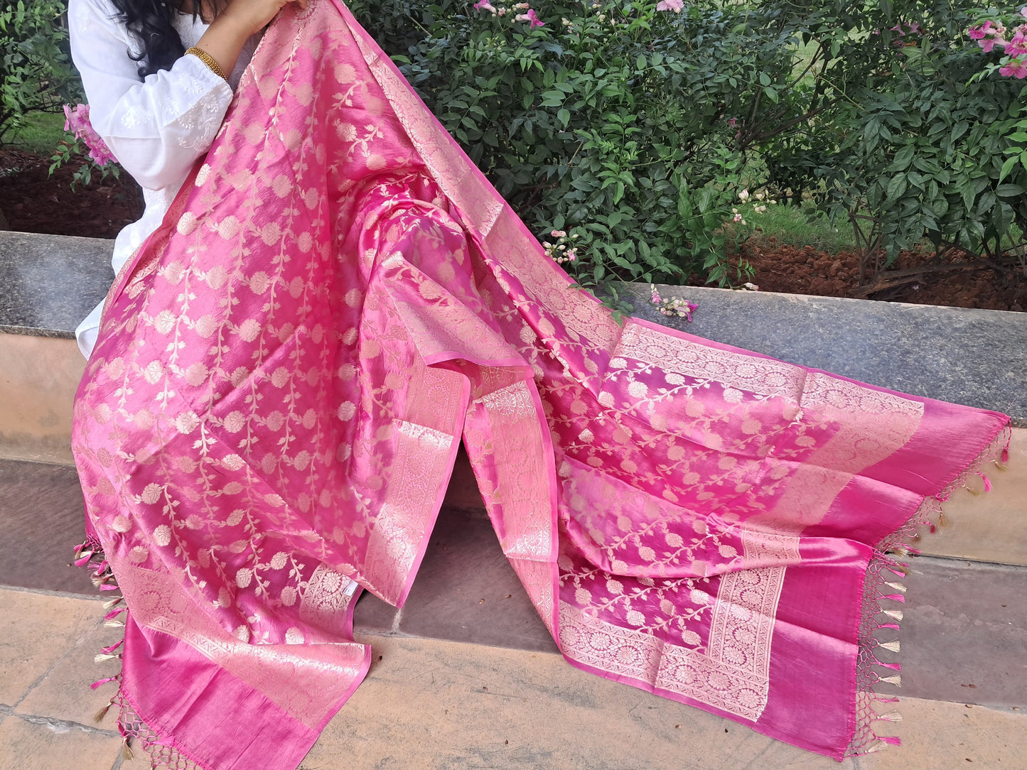 Pink Puna Silk Jakat Jal Dupatta