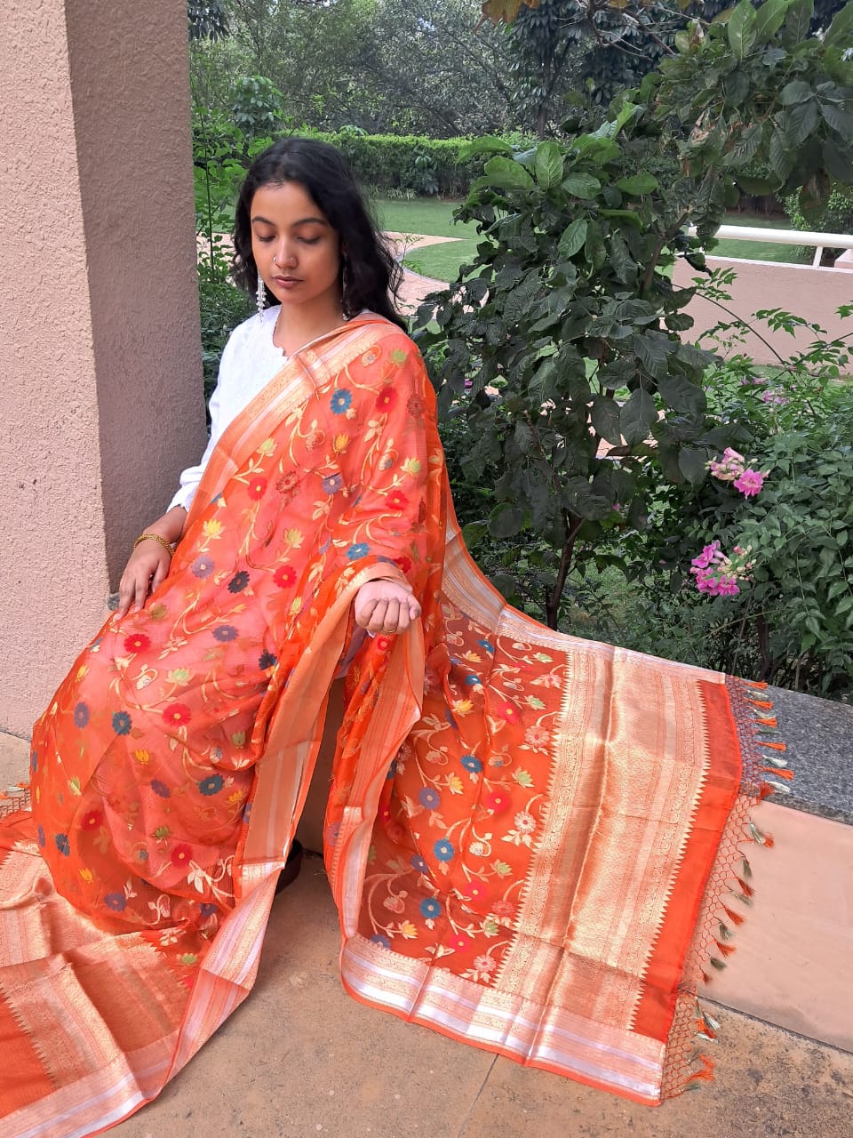 Orange Kota Chek Katan Paithani Jal Banarasi Dupatta