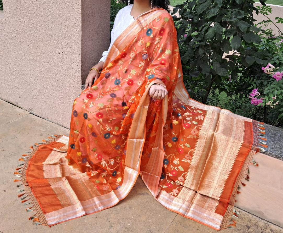 Orange Kota Chek Katan Paithani Jal Banarasi Dupatta