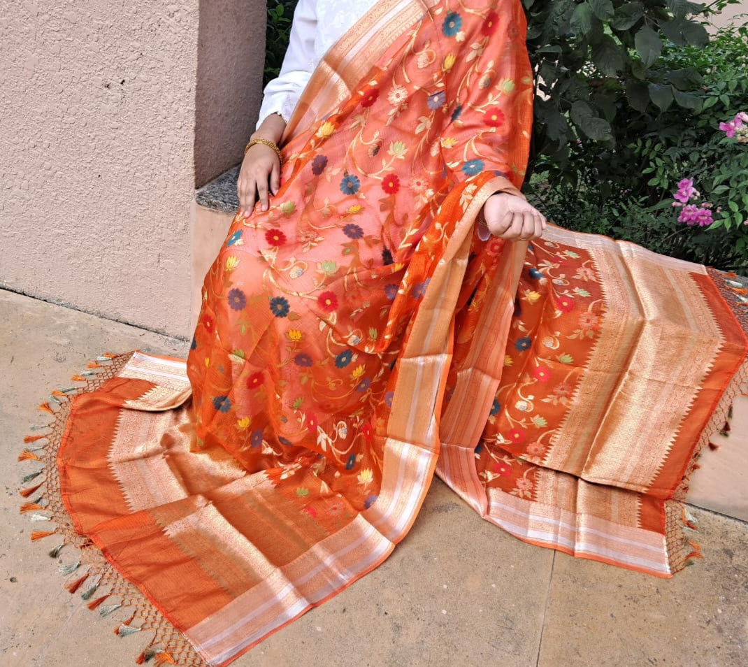 Orange Kota Chek Katan Paithani Jal Banarasi Dupatta