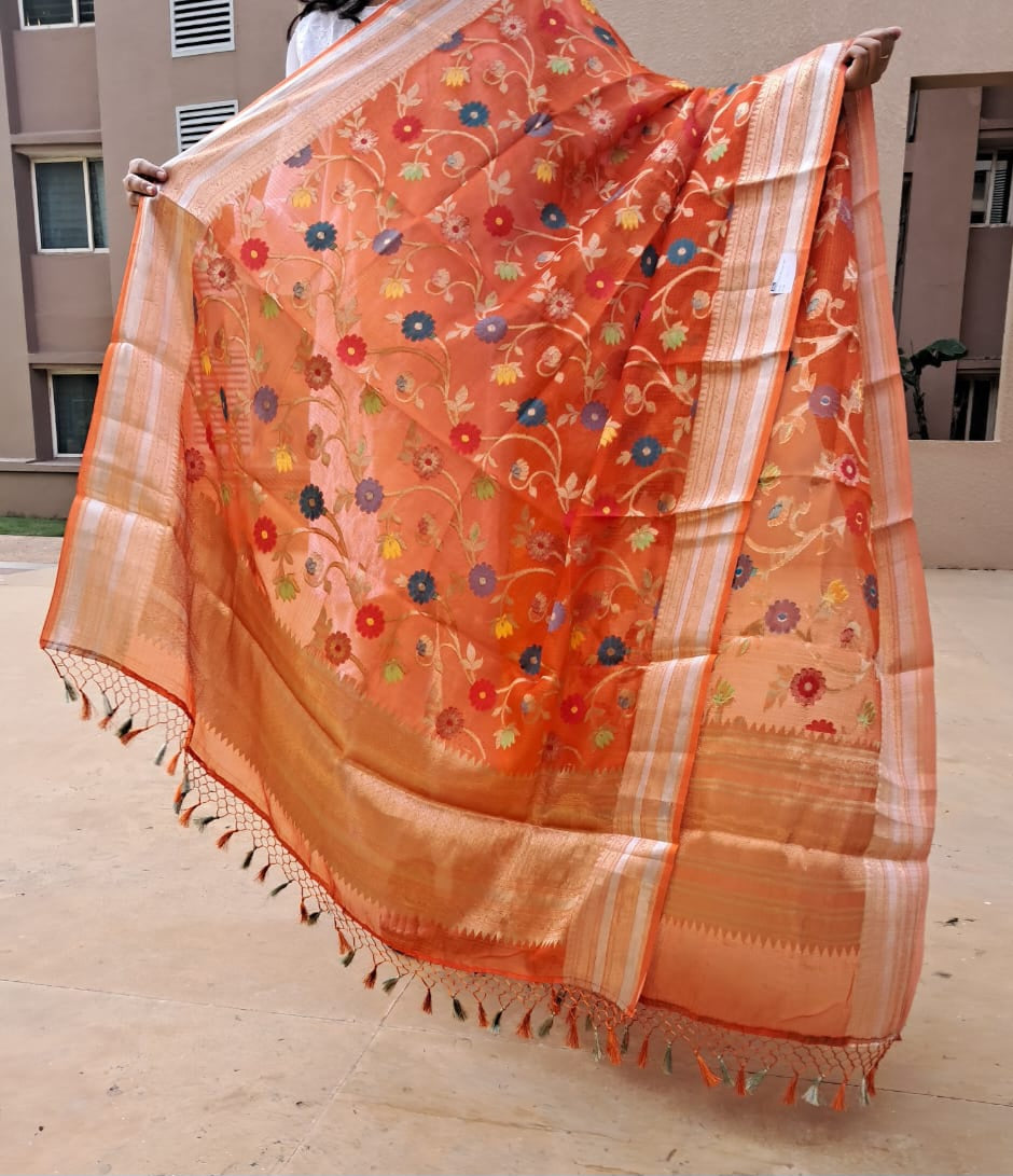 Orange Kota Chek Katan Paithani Jal Banarasi Dupatta