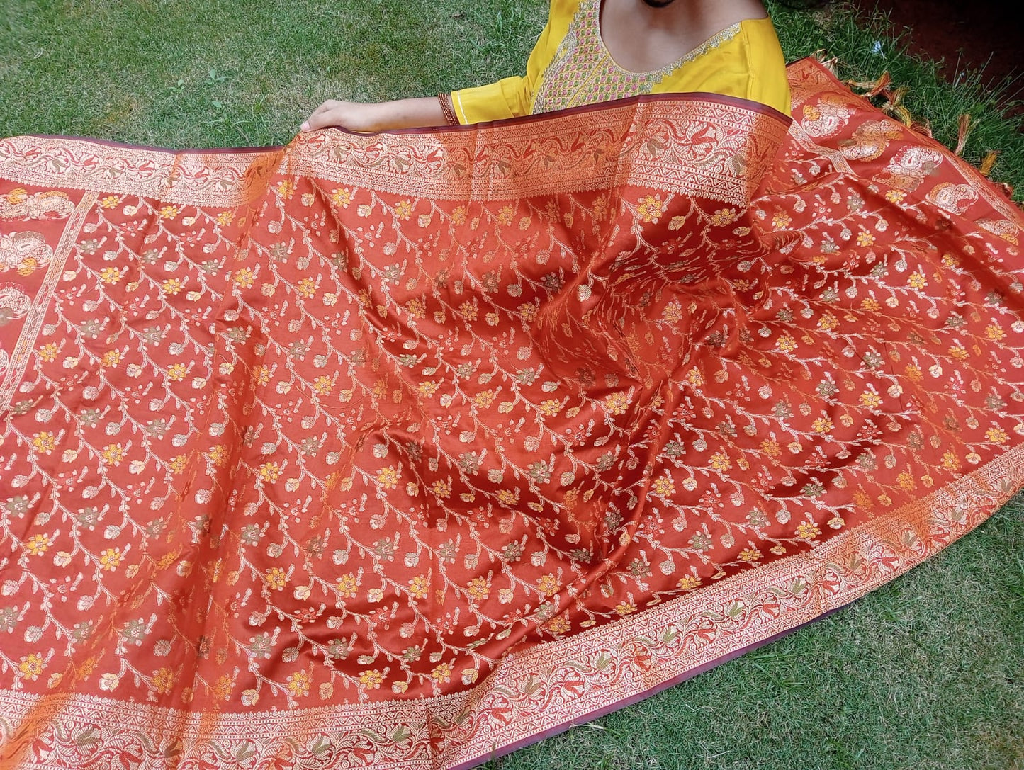 Orange Mixed Katan Silk Border Buti Banarasi Dupatta