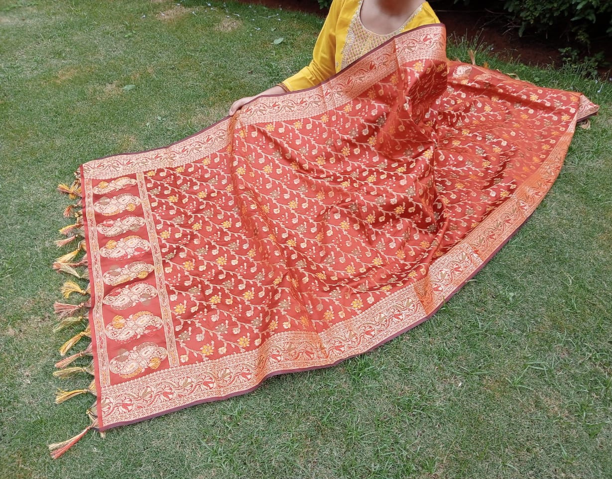 Orange Mixed Katan Silk Border Buti Banarasi Dupatta