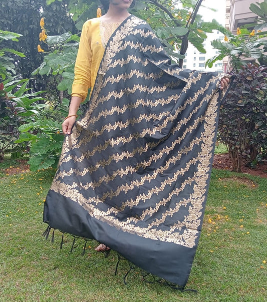 Black Banarasi Dupatta with Golden Jari Work