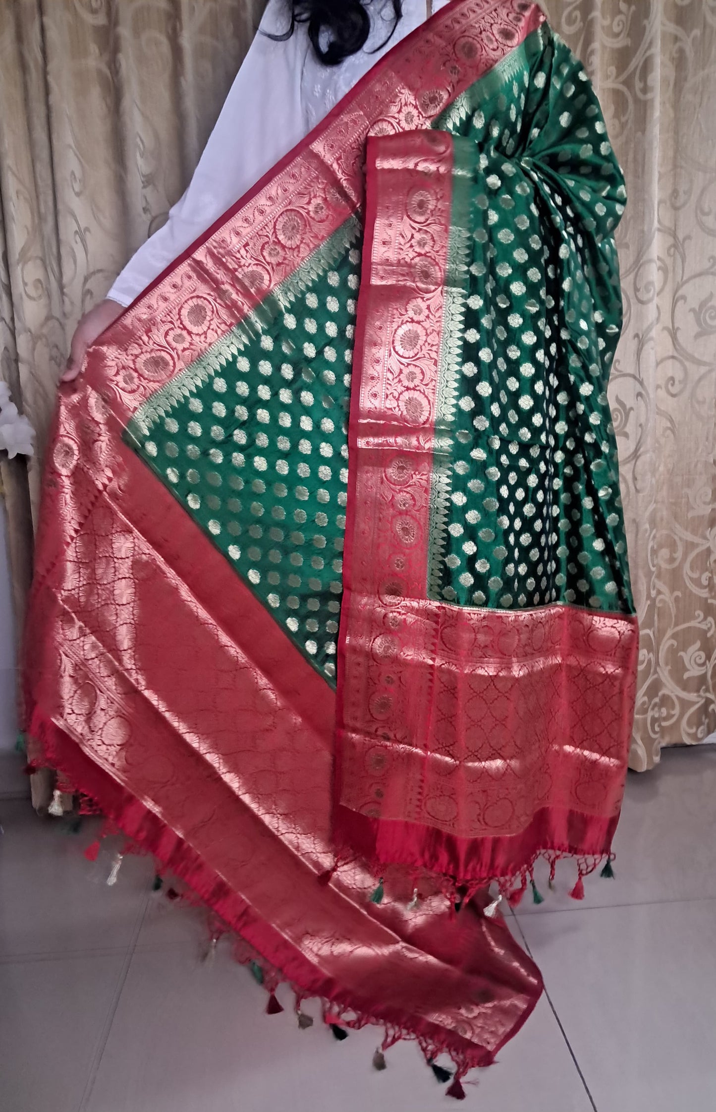 Green Katan Silk Border Buti Banarasi Dupatta