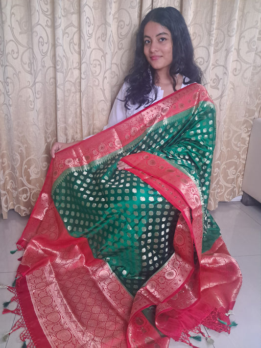 Green Katan Silk Border Buti Banarasi Dupatta