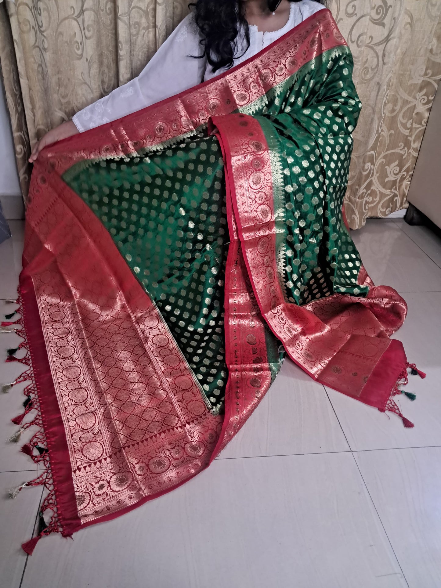 Green Katan Silk Border Buti Banarasi Dupatta