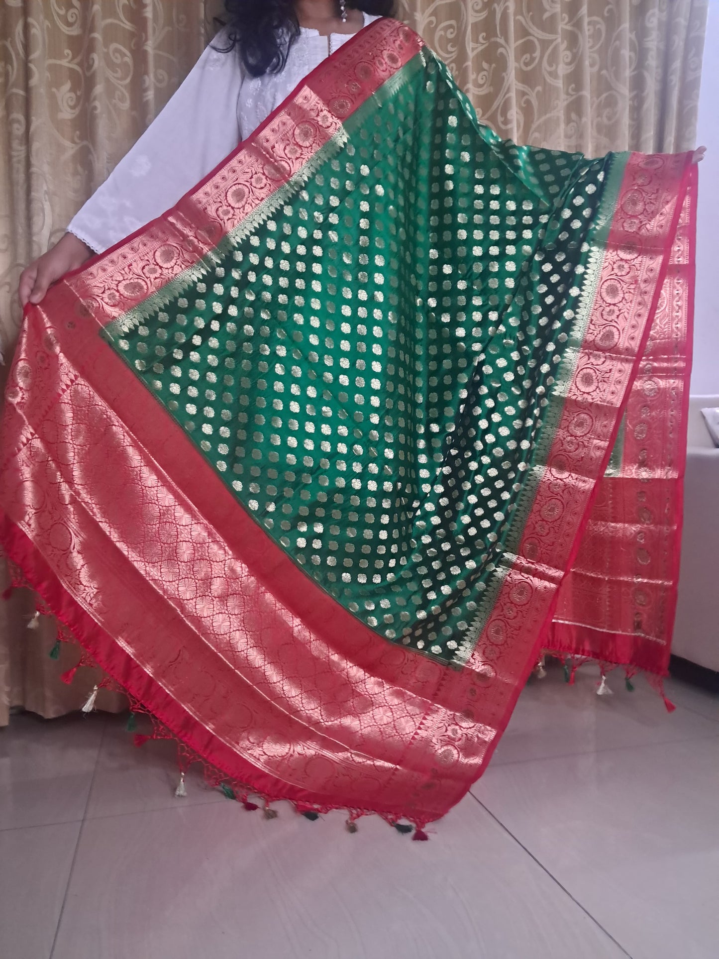 Green Katan Silk Border Buti Banarasi Dupatta