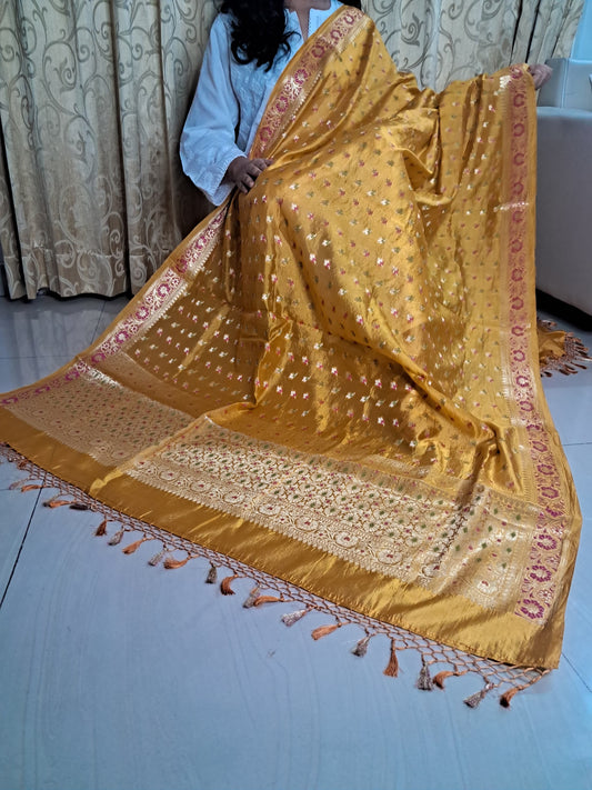 Yellow katan silk Jakat Jal Banarasi Dupatta