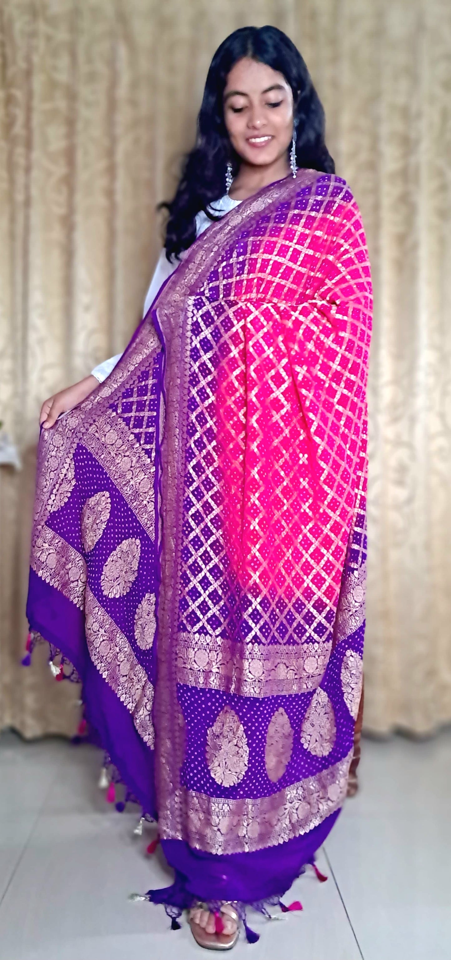 Purple Crep Georgette Bandhani Banarasi Dupatta