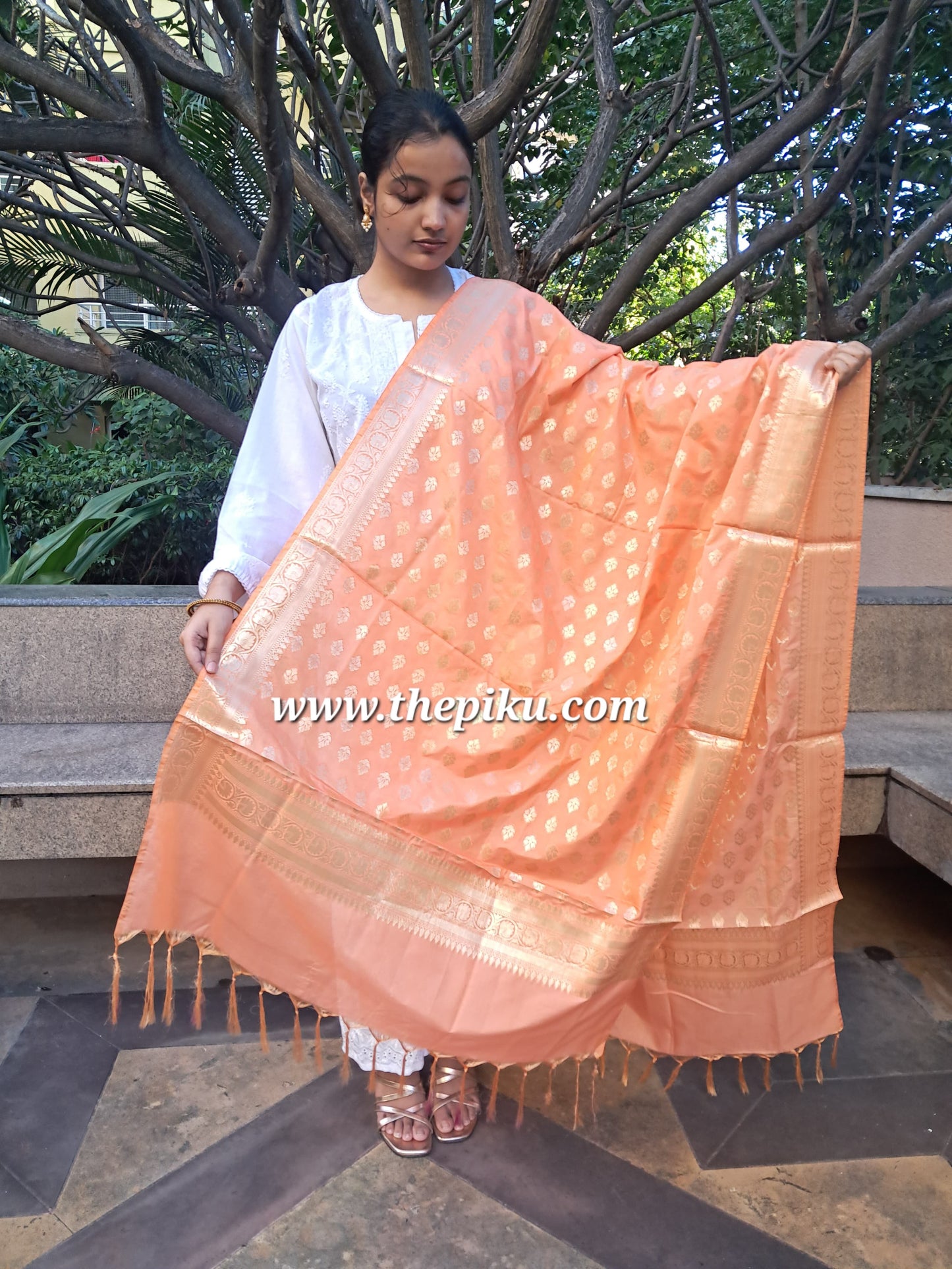 Light Orange Mixed Katan Silk Banarasi Dupatta