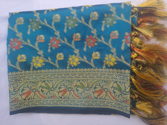 Blue Katan Silk Small Floral Banarasi Dupatta